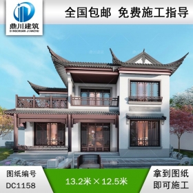 中式二層帶器臺別墅施工圖紙及效果圖_新農(nóng)村自建別墅設(shè)計,鼎川建筑