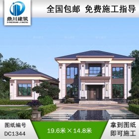 新中式二層帶附屬房別墅施工圖紙及效果圖_農(nóng)村自建別墅設(shè)計(jì),鼎川建筑